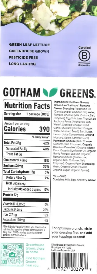 Gotham Greens Caesar Salad Kit Ingredients Nutrition Facts