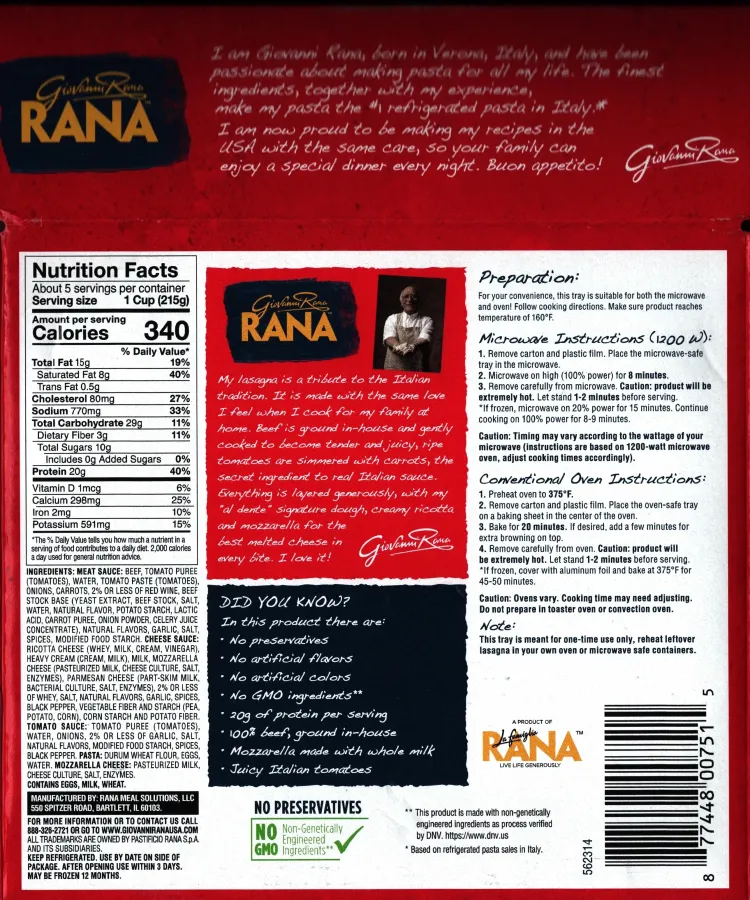 Rana Meat Lasagna Ingredients Nutrition Facts Cooking Directions