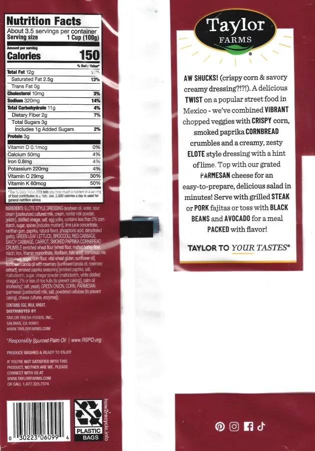 Taylor Farms Mexican Street Corn Chopped Salad Kit Ingredients Nutrition Facts