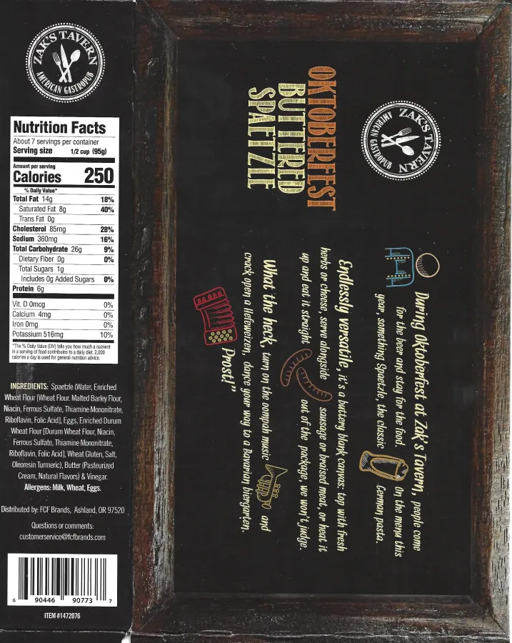 Zaks Tavern Oktoberfest Buttered Spatzle Ingredients Nutrition Facts Cooking Directions