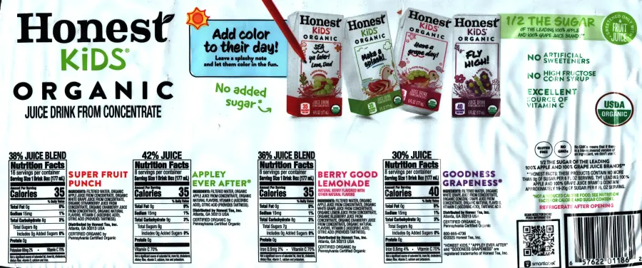 Honest Kids Organic Juice Super Fruit Punch Appley Ever After Berry Good Lemonade Goodness Grapeness Nutrition Facts Ingredients