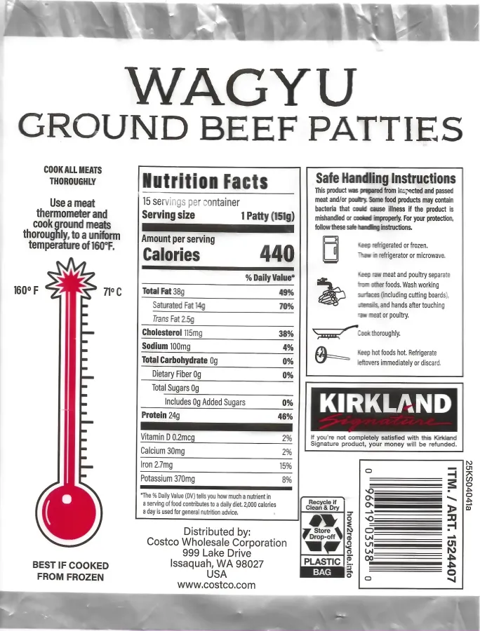 Kirkland Signature Wagyu Ground Beef Pattie Burgers Ingredients Nutrition Facts Cooking Directions