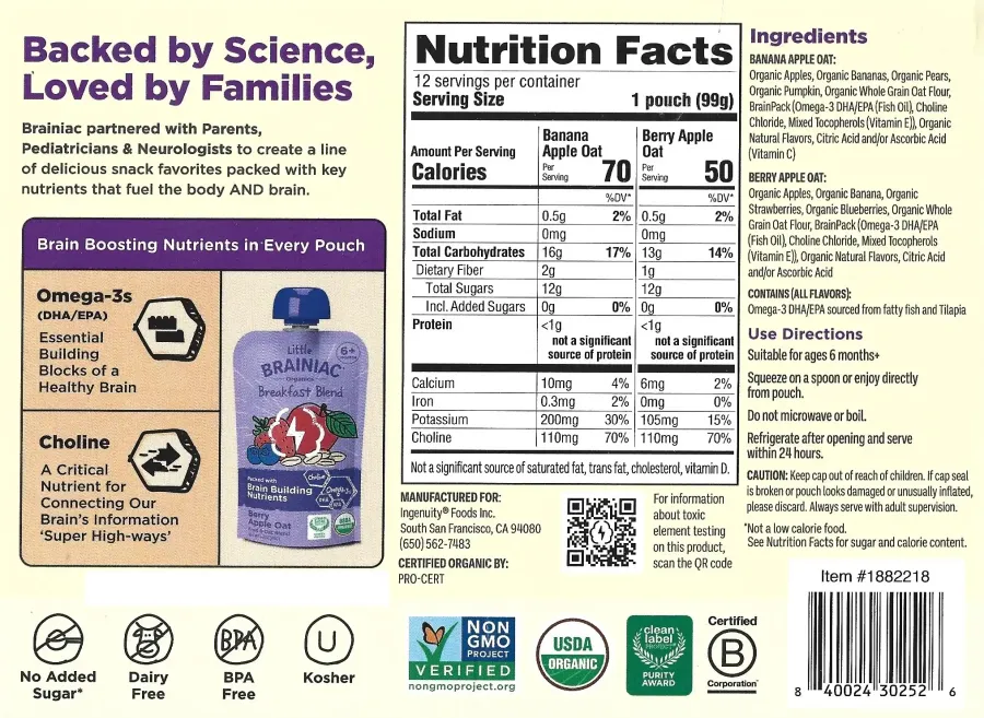 Little Brainiac Brain Nutrition Pouches Banana Apple Oat Berry Apple Oat Ingredients Nutrition Facts