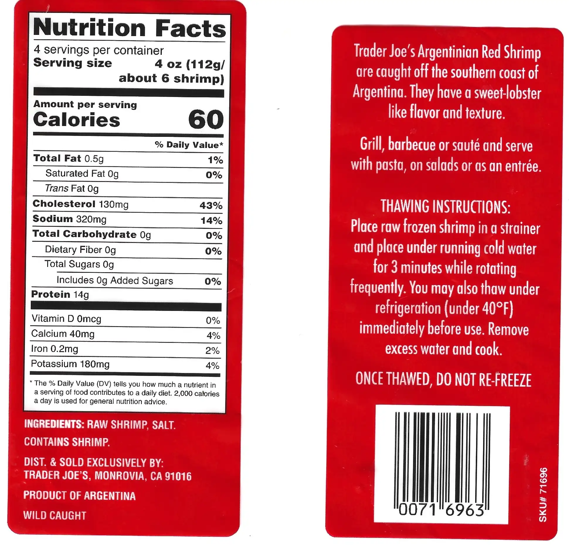 Trader Joes Raw Argentinian Red Shrimp Ingredients Nutrition Facts Cooking Directions