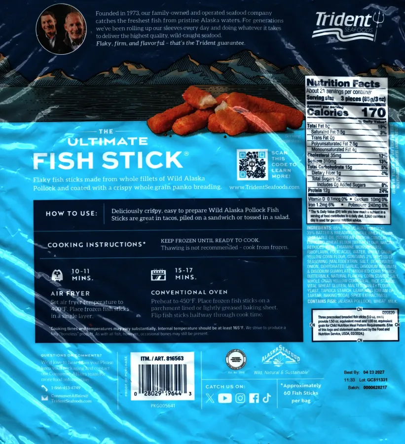Trident Seafoods Ultimate Fish Sticks Ingredients Nutrition Facts Cooking Directions