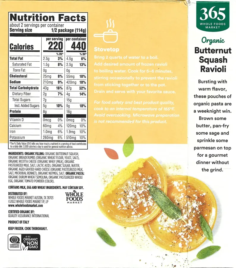 365 Whole Foods Markets Organic Butternut Squash Ravioli Ingredients Nutrition Facts Cooking Directions