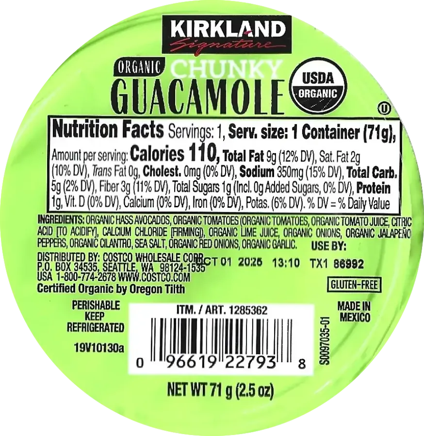 Kirkland Signature Organic Chunky Guacamole Ingredients Nutrition Facts