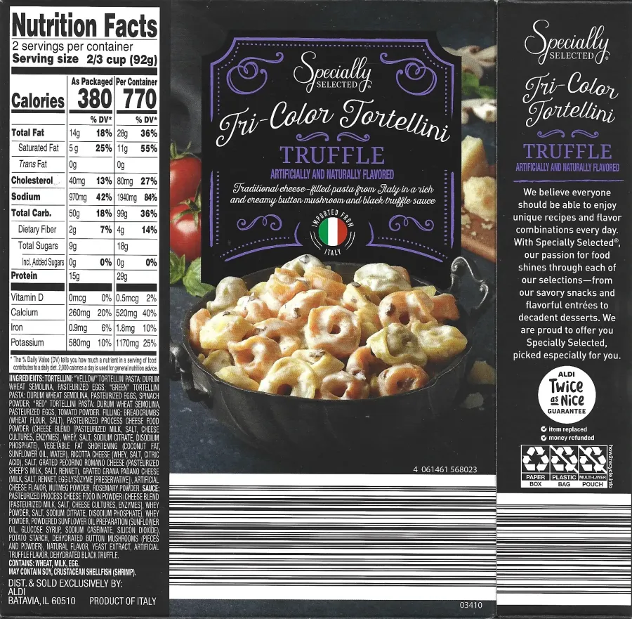 Specially Selected Tri Colo Tortellini Truffle Ingredients Nutrition Facts