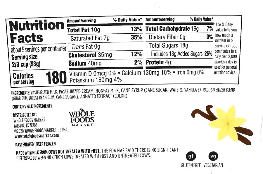 365 Whole Foods Markets Vanilla Ice Cream Ingredients Nutrition Facts