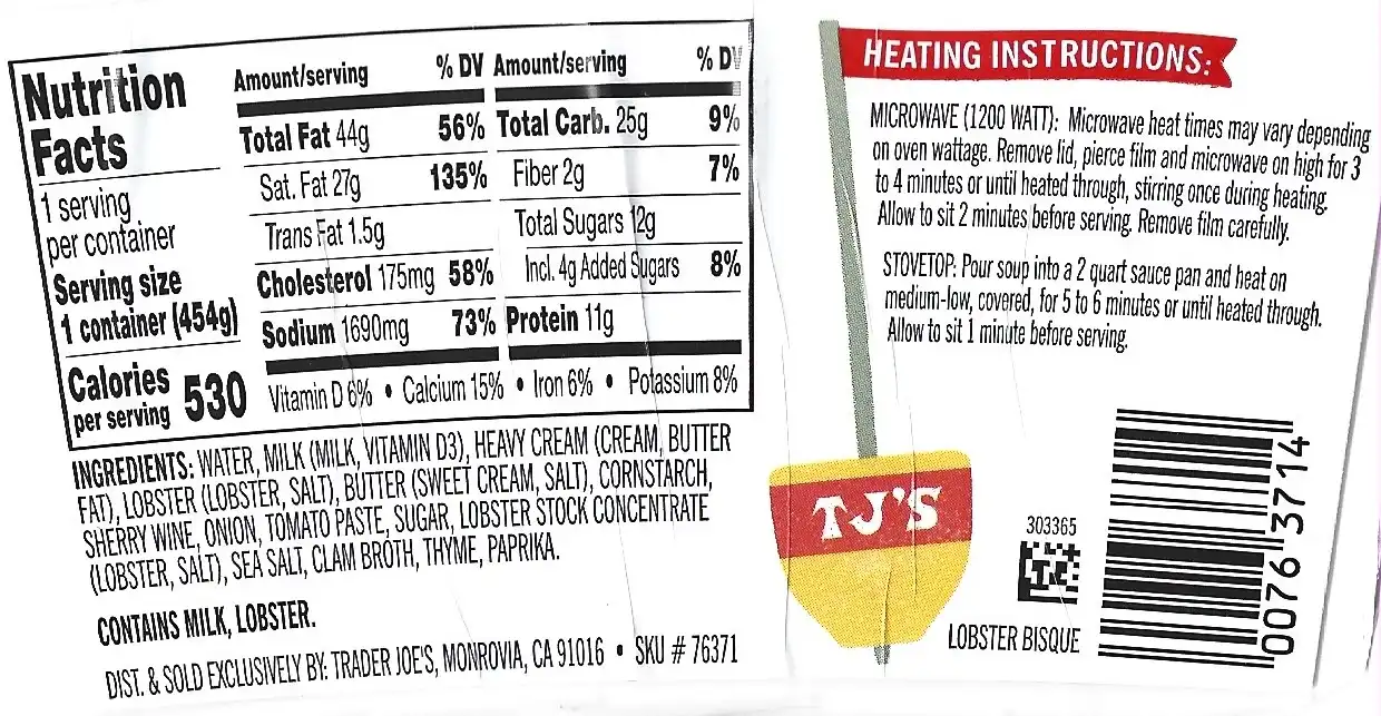 Trader Joes Lobster Bisque Ingredients Nutrition Facts Cooking Directions