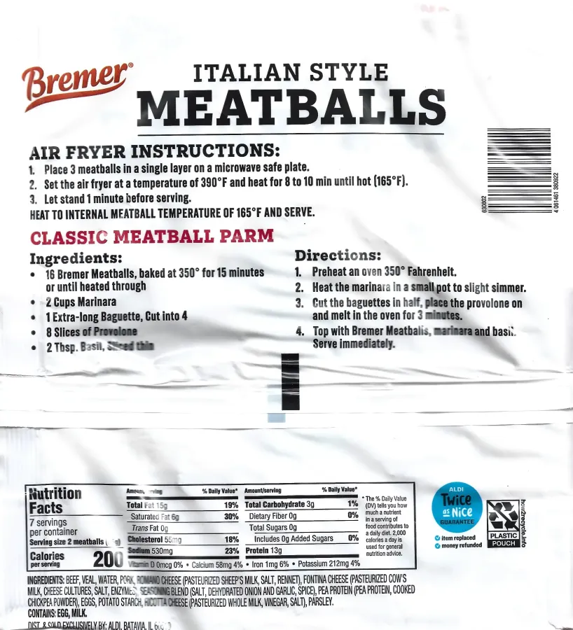 Bremer Italian Style Meatballs Beef Veal Pork Ingredients Nutrition Facts Cooking Directions