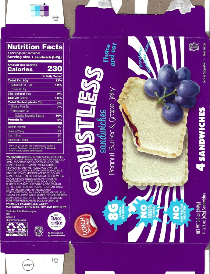 Lunch Buddies Crustless Sandwiches Peanut Butter Grape Jelly Ingredients Nutrition Facts