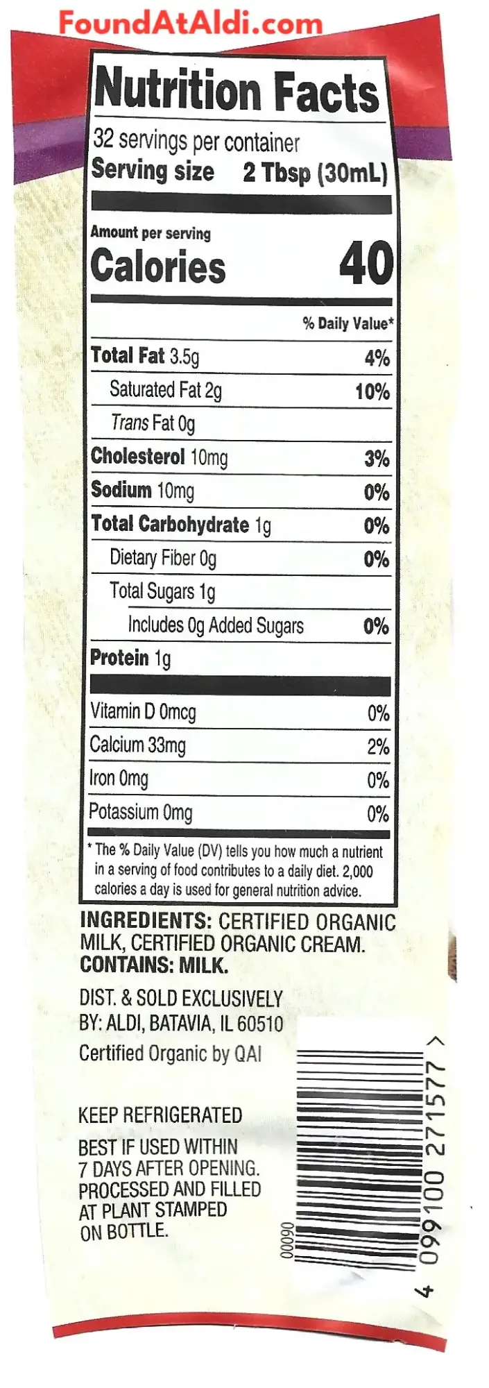 Simply Nature Organice Half And Half Ingredients Nutrition Facts