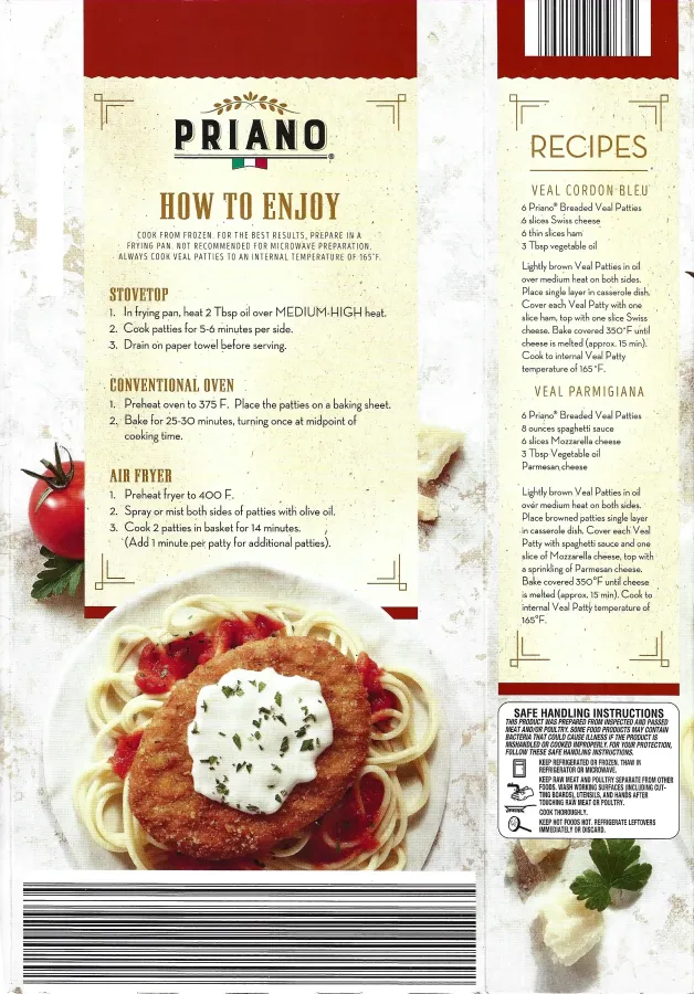 Priano Breaded Veal Patties Cooking Directions