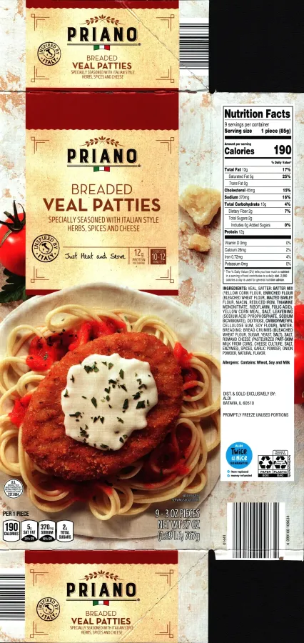 Priano Breaded Veal Patties Ingredients Nutrition Facts