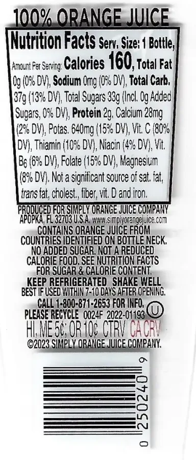 Simply Orange Pulp Free Orange Juice 11 5 Fl Oz Ingredients Nutrition Facts