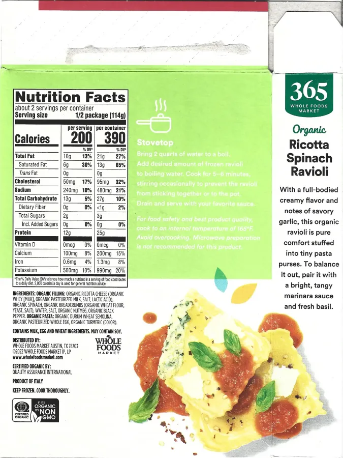365 Whole Foods Market Organic Ricotta Spinach Ravioli Ingredients Nutrition Facts Cooking Directions