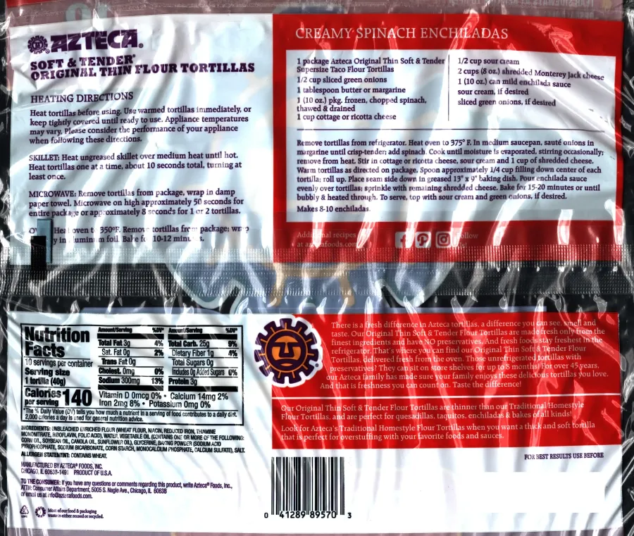 Aztec Original Thin Flour Tortillas Ingredients Nutrition Facts