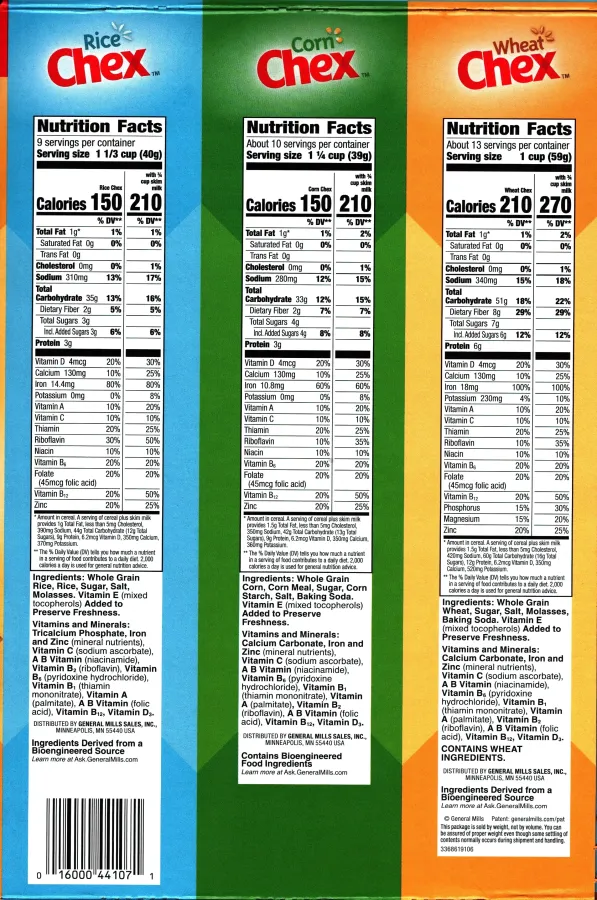 Chex Rice Corn Wheat 3 Bags Ingredients Nutrition Facts
