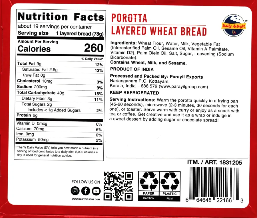 Daily Delight Porotta Layered Wheat Bread Ingredients Nutrition Facts Cooking Directions