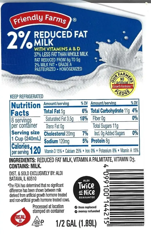 Friendly Farms 2 Percent Reduced Fat Milk Ingredients Nutrition Facts Half Gallon