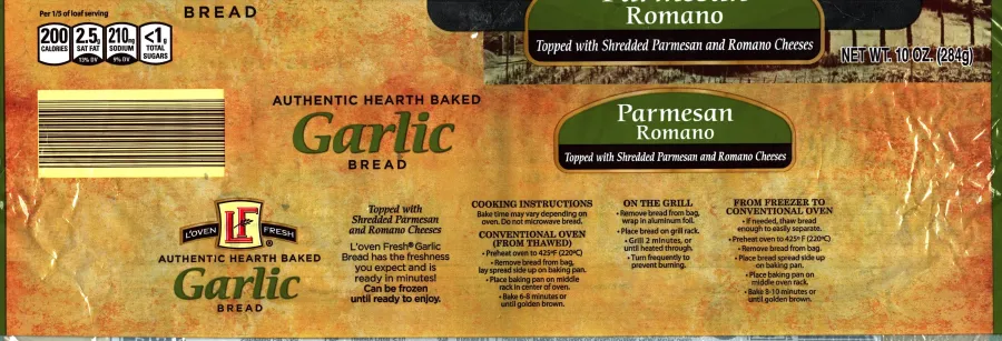 Loven Fresh Authentic Hearth Baked Garlic Bread Parmesan Romano Cooking Directions