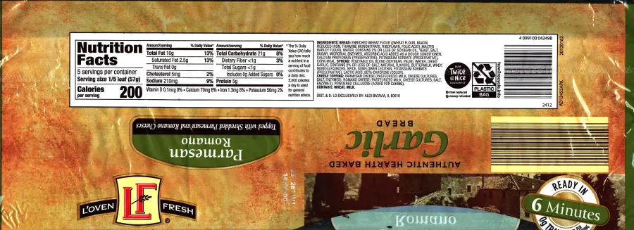 Loven Fresh Authentic Hearth Baked Garlic Bread Parmesan Romano Nutrition Facts Ingredients