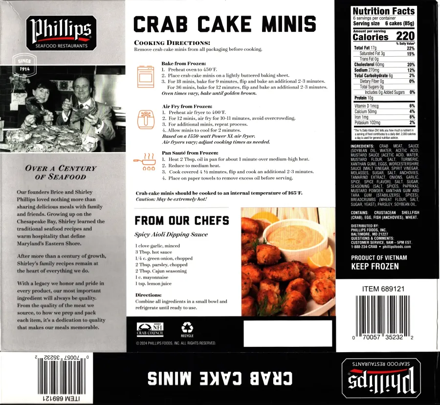 Phillips Seafood Mini Crab Cakes Ingredients Nutrition Facts Cooking Directions
