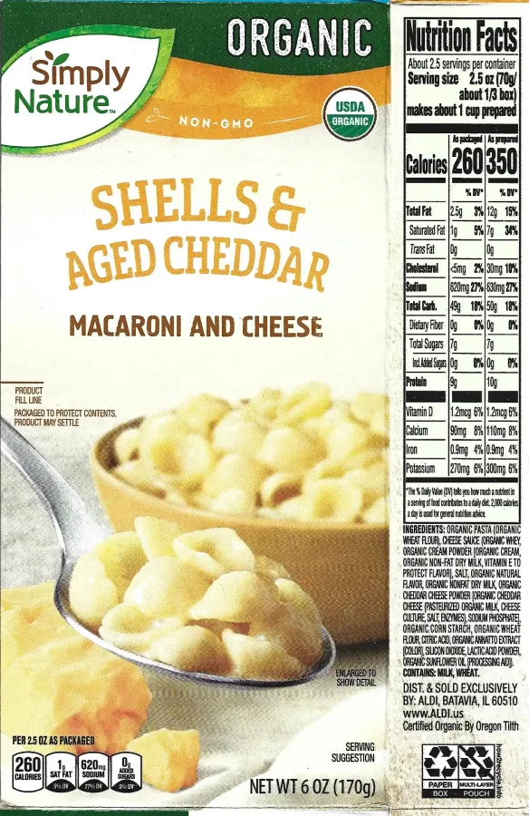 Simply Nature Organic Shells And Aged Cheddar Macaroni And Cheese Nutrition Facts Ingredients