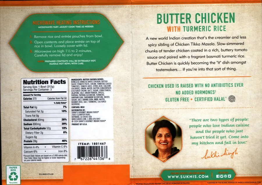 Sukhis Irresistible Indian Cuisine Butter Chicken With Tumeric Rice Bowls Ingredients Nutrition Facts Cooking Directions