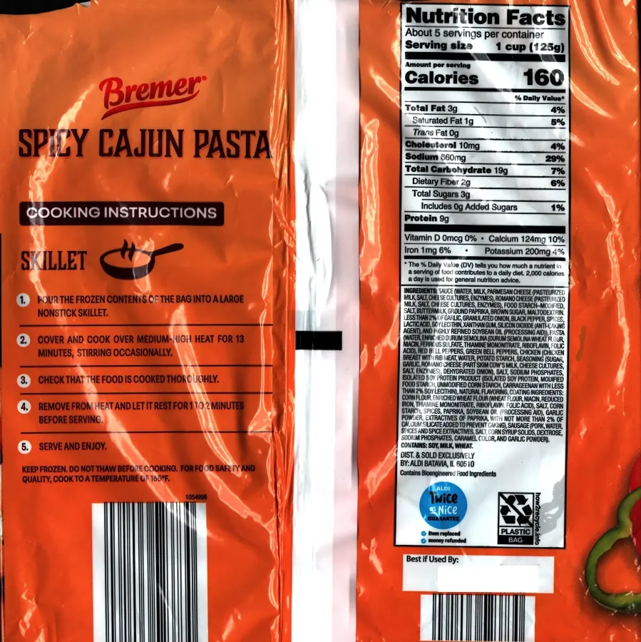 Bremer Spicy Cajun Pasta Ingredients Nutrition Facts Cooking Directions