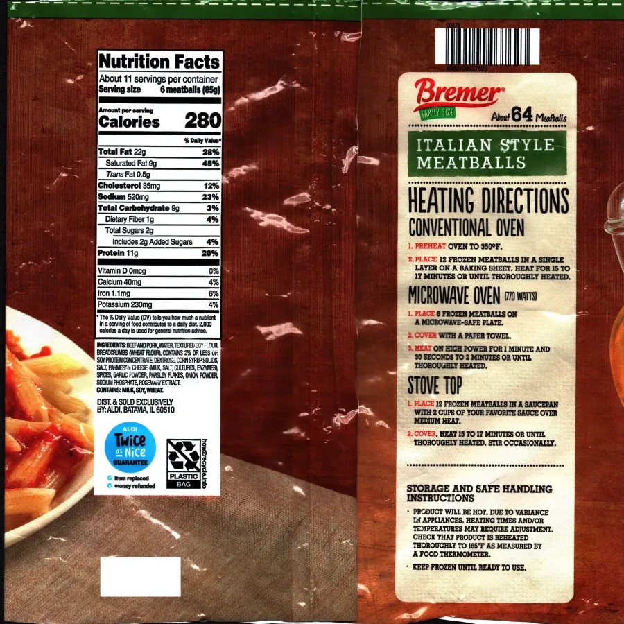Bremer Family Size Italian Style Meatballs Ingredients Nutrition Facts Cooking Directions
