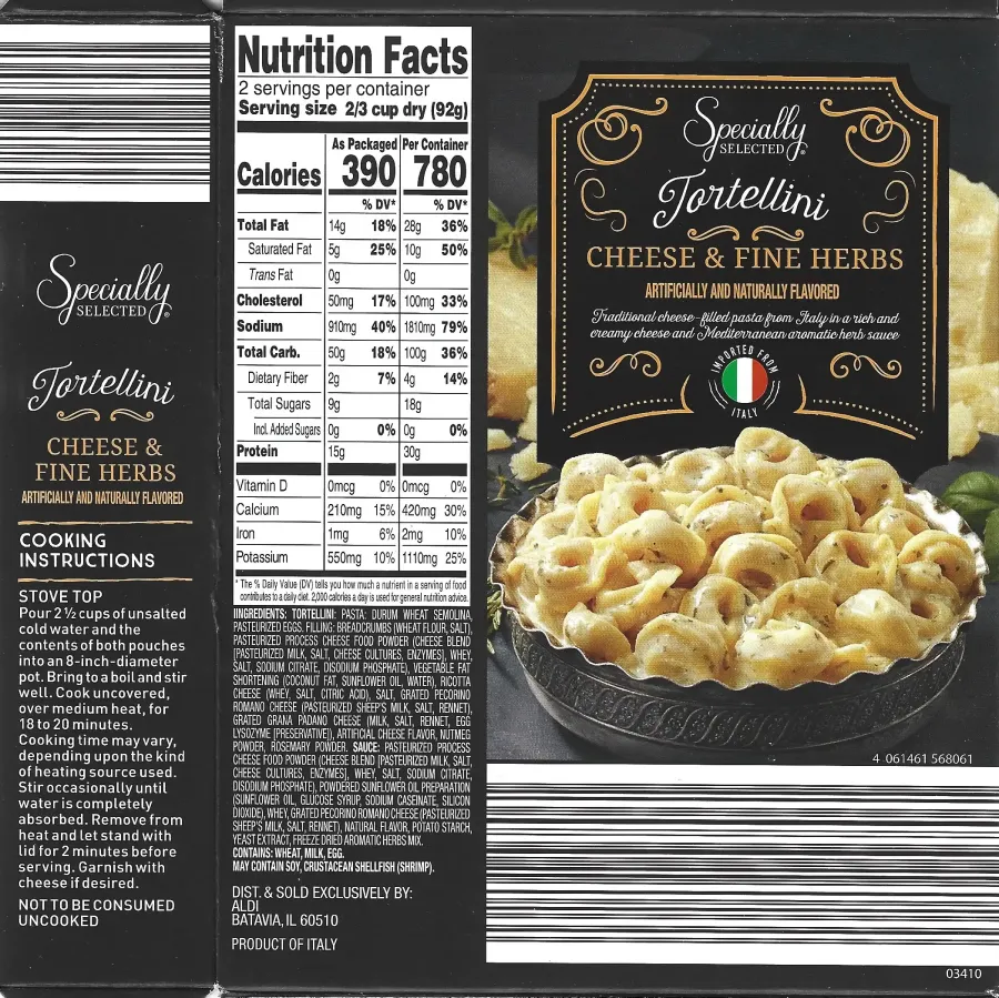 Specially Selected Tortellini Cheese And Fine Herbs Ingredients Nutrition Facts Cooking Directions