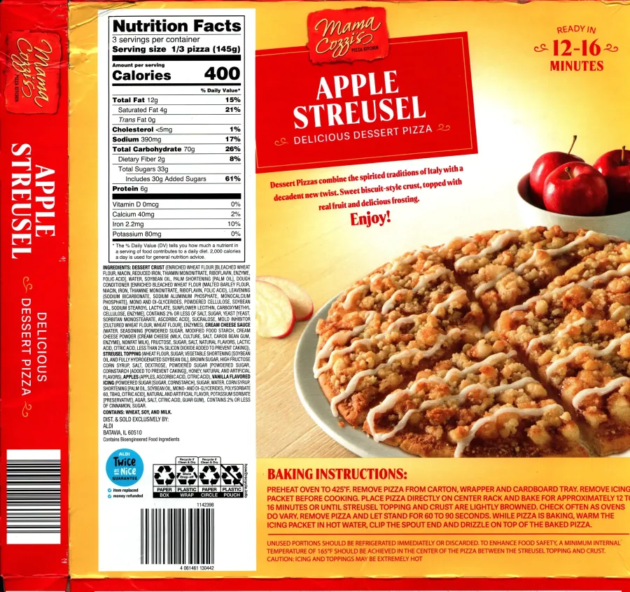 Mama Cozzis Apple Streusel Dessert Pizza Ingredients Nutrition Facts Cooking Directions