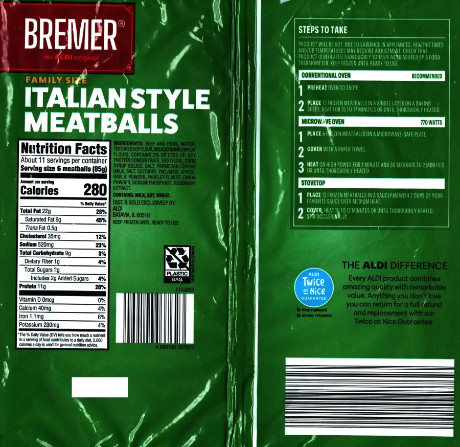 Bremer Family Size Italian Style Meatballs Ingredients Nutrition Facts Cooking Directions