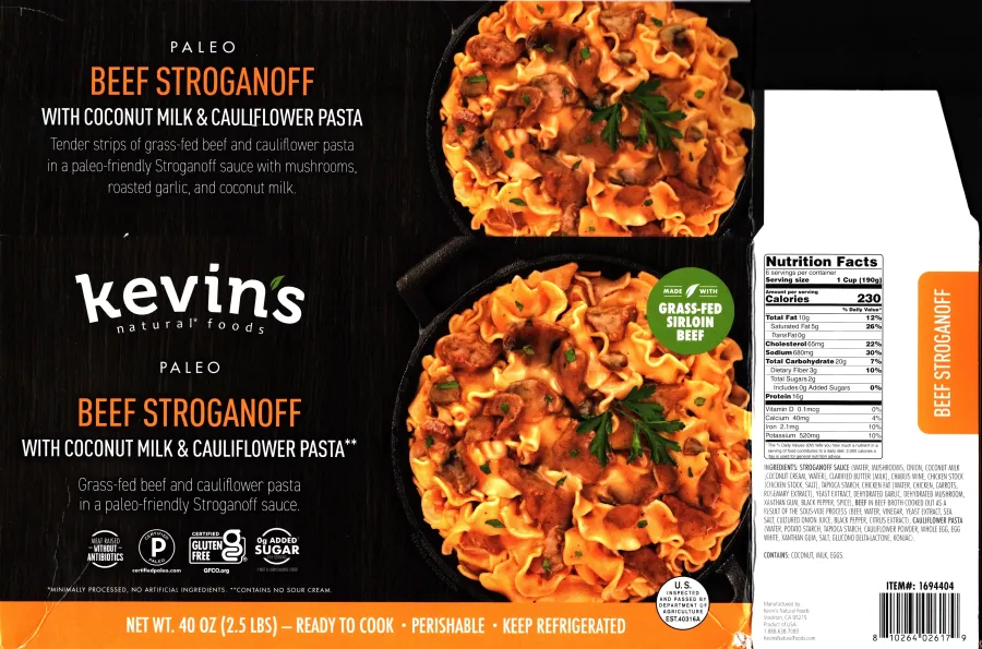 Costco Kevins Natural Foods Beef Stroganoff Coconut Milk Cauliflower Pasta Ingredients Nutrition Facts