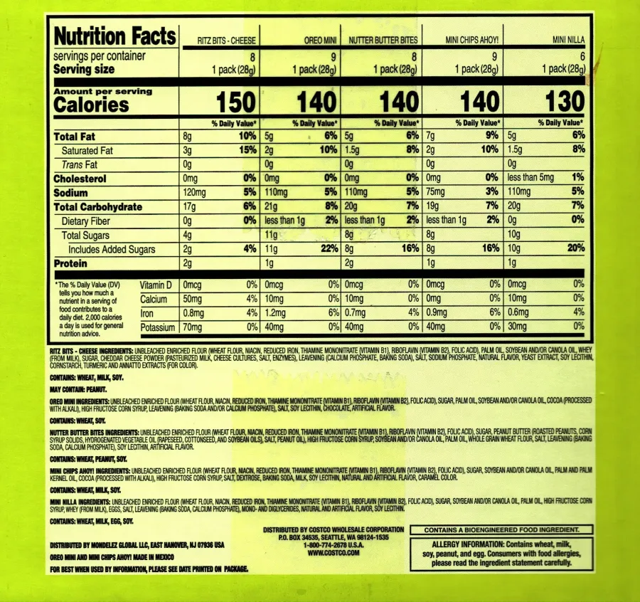 Costco Nabisco Variety Pack Rtiz Oreo Nutter Butter Chips Ahoy Mini Nilla Ingredients Nutrition Facts