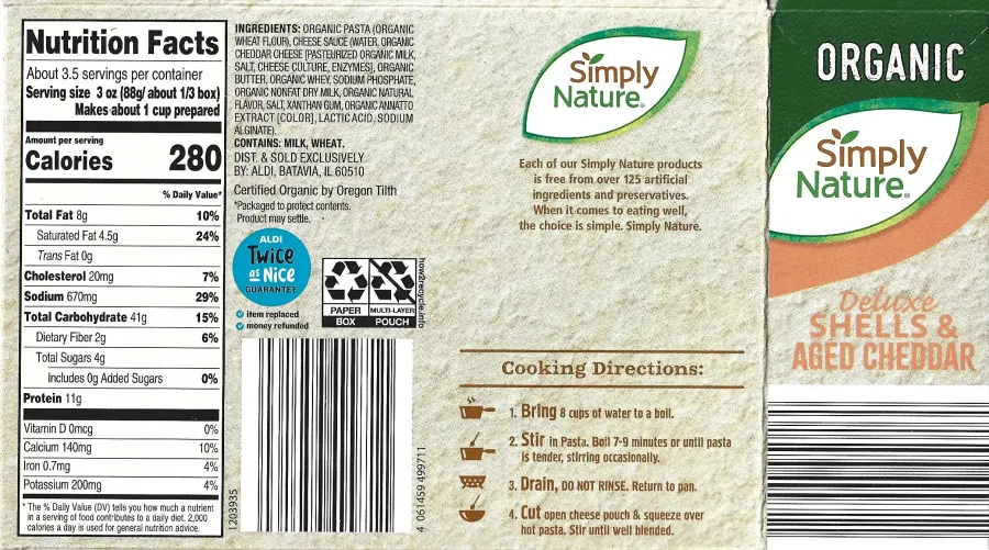 Simply Nature Deluxe Shells And Aged Cheddar Ingredients Nutrition Facts Cooking Directions