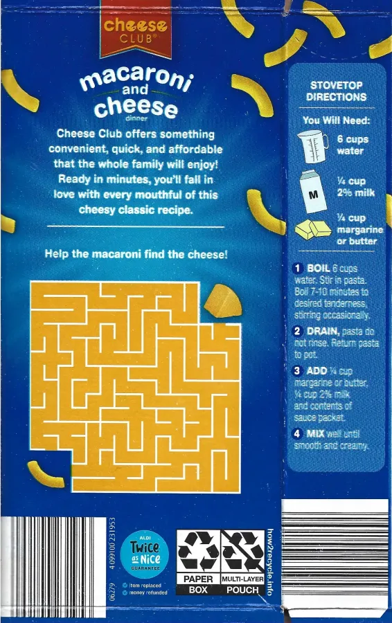 Cheese Club Macaroni And Cheese Dinner Cooking Directions