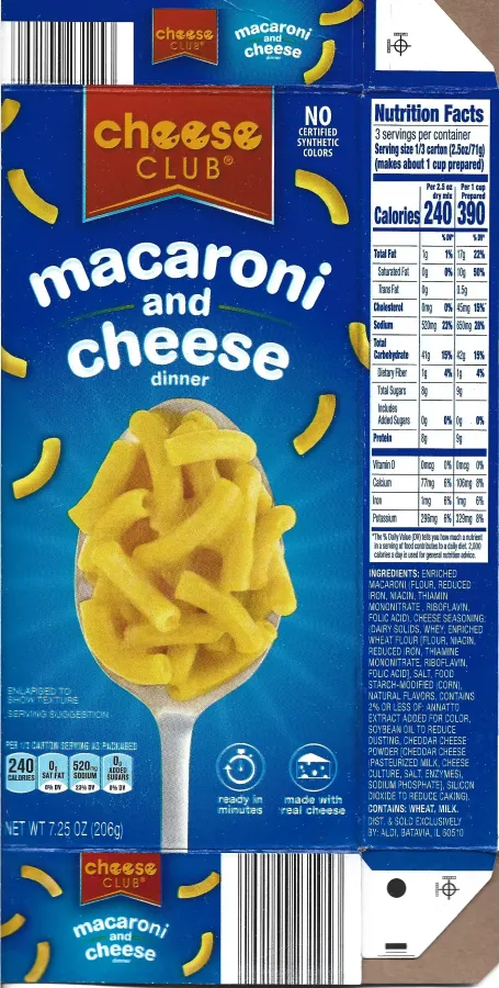Cheese Club Macaroni And Cheese Dinner Ingredients Nutrition Facts