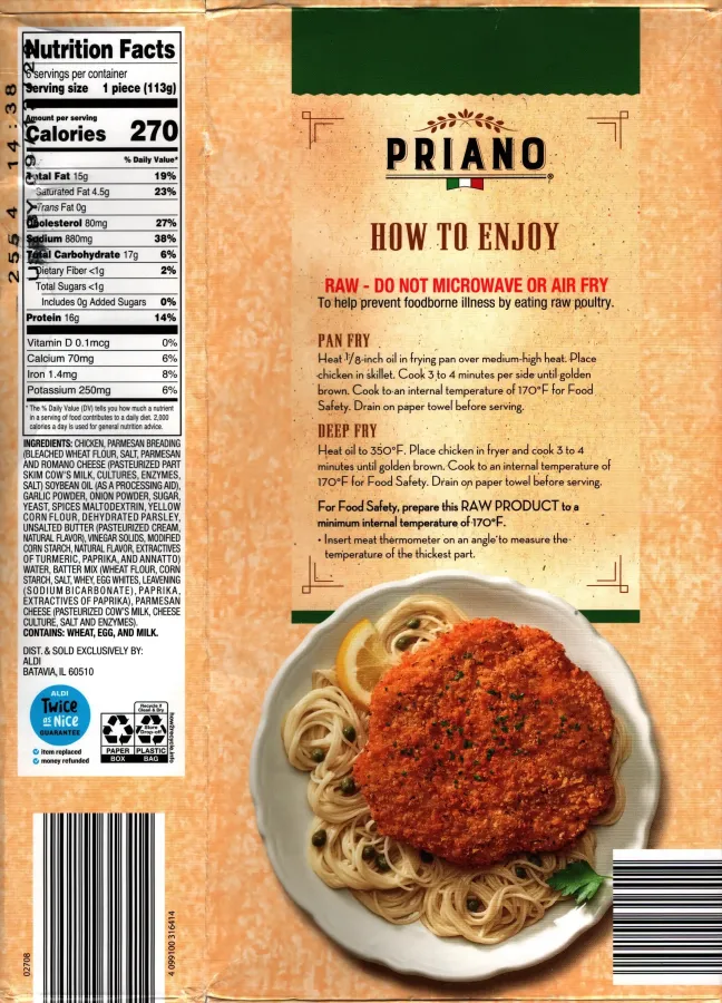 Priano Breaded Chicken Parmesan Patties Ingredients Nutrition Facts Cooking Directions
