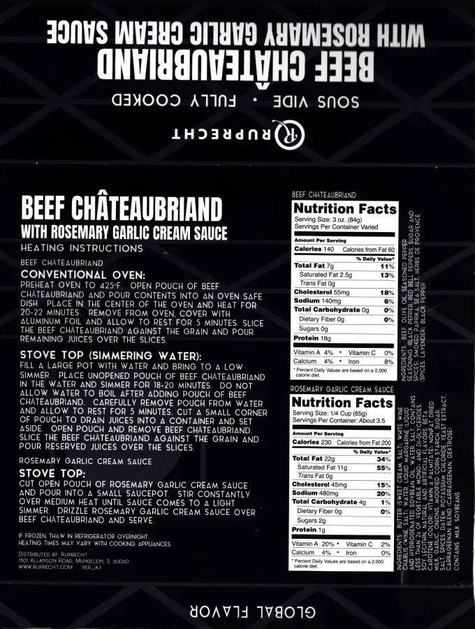 Ruprecht Beef Chateaubriand Ingredients Nutrition Facts Cooking Directions