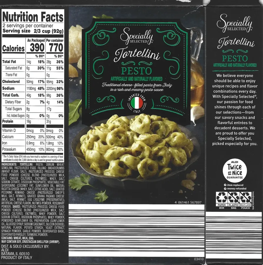Specially Selected Tortellini Pesto Ingredients Nutrition Facts Cooking Directions