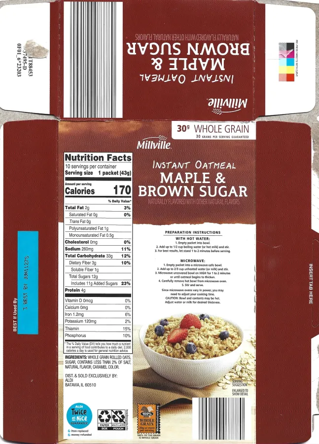Millville Instant Oatmeal Maple And Brown Sugar Ingredients Nutrition Facts