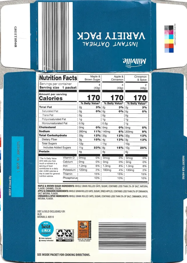 Millville Instant Oatmeal Variety Pack Ingredients Nutrtition Facts
