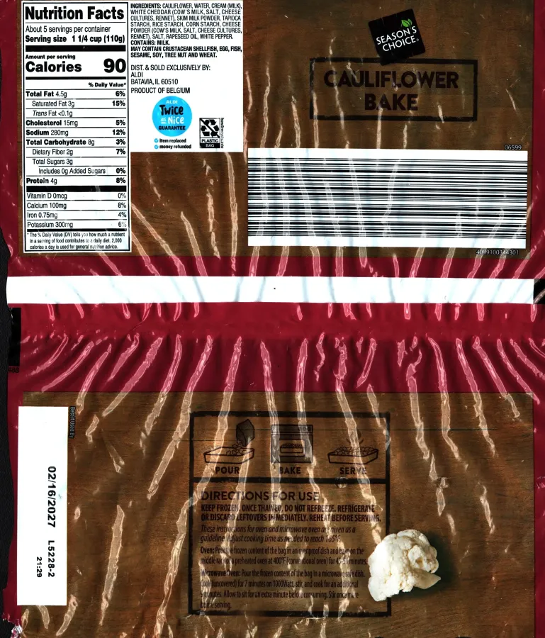 Seasons Choice Cauliflower Bake Ingredients Nutrition Facts Cooking Directions