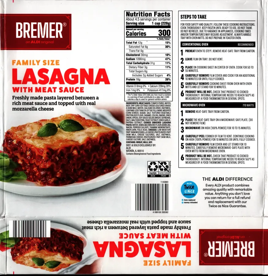 Bremer Family Size Lasagna Ingredients Nutrition Facts Cooking Directions