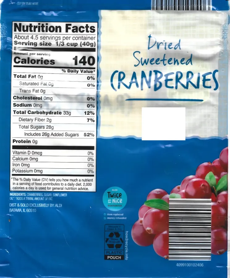 Southern Grove Dried Sweetened Cranberries Ingredients Nutrition Facts