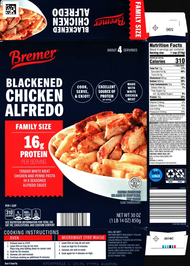 Bremer Blackened Chicken Alfredo Family Size Ingredients Nutrition Facts Cooking Directions