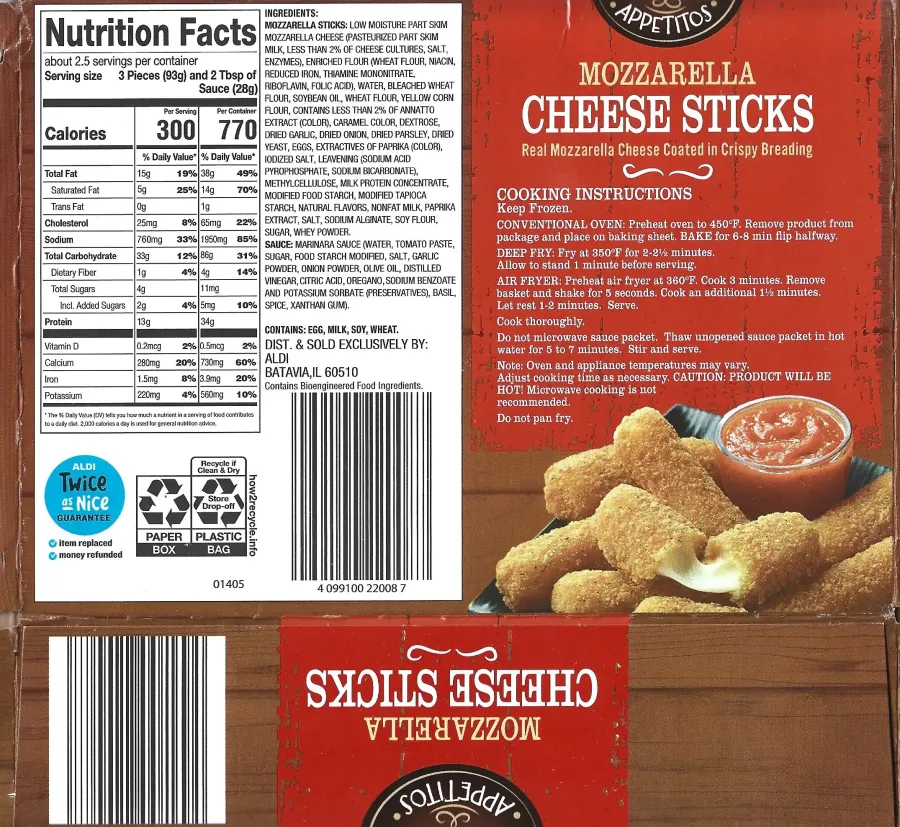 Appetitos Mozzaerlla Cheese Sticks Ingredients Nutrition Facts Cooking Directions